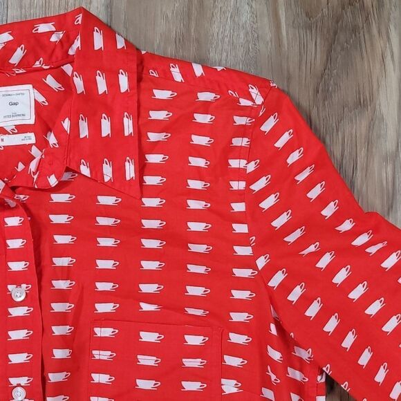 🔺️Gap Orange Teacup/Coffee Cup Boyfriend Buttoned Long Sleeve Shirt Medium - Picture 5 of 12